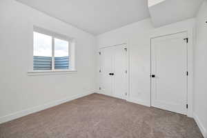 Unfurnished bedroom featuring carpet flooring and a closet