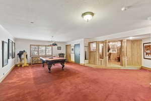 Playroom with ornamental molding, carpet flooring, billiards table, and a textured ceiling