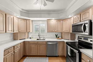 Kitchen with appliances with stainless steel finishes, light brown cabinetry, light countertops, and a textured ceiling
