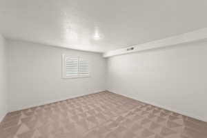 Empty room with a textured ceiling and light colored carpet