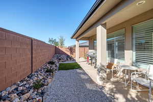 Fenced backyard featuring a patio