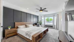 Bedroom with carpet floors, a ceiling fan, and recessed lighting