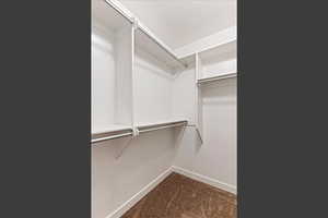 Spacious closet featuring dark carpet