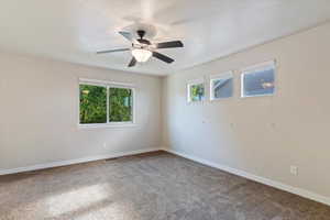 Empty room featuring light carpet, healthy amount of natural light, and a ceiling fan
