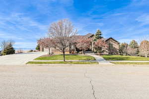Obstructed view of property featuring a front yard, driveway, and a garage