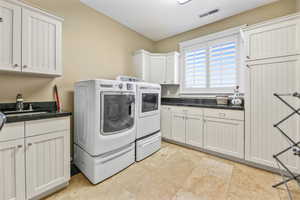 Laundry room with cabinet space and washing machine and clothes dryer