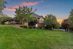 Yard at dusk featuring a lawn