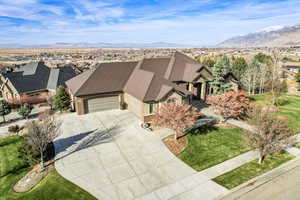 Aerial view of residential area with a mountain backdrop