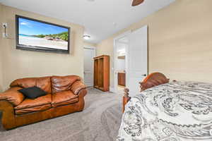 Carpeted bedroom with ensuite bath and a ceiling fan