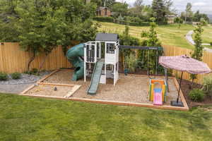 View of play area with a fenced backyard