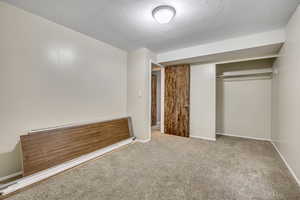 Unfurnished bedroom with carpet, a textured ceiling, and a closet