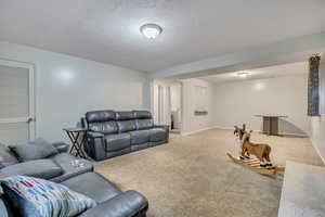 Living area with carpet floors and a textured ceiling