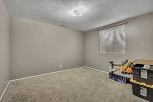 Playroom featuring carpet floors and a textured ceiling