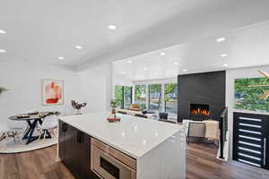 Kitchen featuring modern cabinets, a premium fireplace, dark wood finished floors, healthy amount of natural light, and recessed lighting