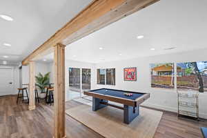 Playroom featuring recessed lighting, billiards, and wood finished floors
