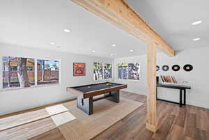 Playroom featuring recessed lighting, billiards table, wood finished floors, and beamed ceiling