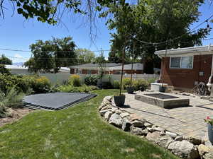 Fenced backyard with a patio area