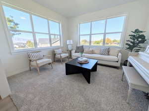 Living room with light colored carpet and baseboards
