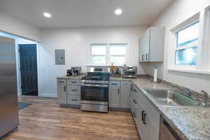 Kitchen with gray cabinetry, appliances with stainless steel finishes, light wood finished floors, electric panel, and recessed lighting