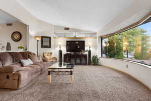 Carpeted living room with lofted ceiling and a textured ceiling