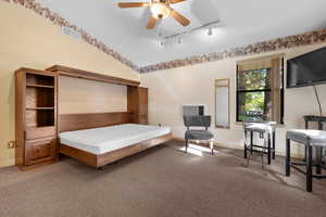 Carpeted bedroom featuring track lighting, vaulted ceiling, and ceiling fan