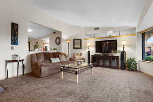 Carpeted living room with vaulted ceiling and a textured ceiling