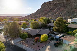 Aerial view of residential area with mountains