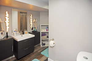 Bathroom featuring vanity, dark wood-style floors, and a shower with curtain