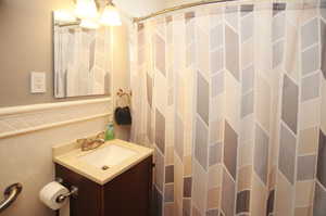 Full bath with vanity and a shower with curtain