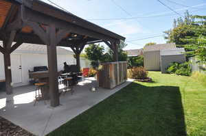 View of yard featuring a patio area, a gazebo, and a storage unit