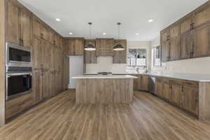 Kitchen with pendant lighting, appliances with stainless steel finishes, a kitchen island, light wood-type flooring, and recessed lighting