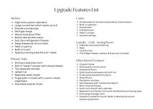 Upgrade Features List. Detailing specific property enhancements