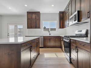 Kitchen featuring appliances with stainless steel finishes, dark brown cabinets, light wood-type flooring, recessed lighting, and a center island