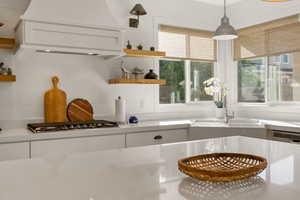 Kitchen featuring open shelves, premium range hood, healthy amount of natural light, and backsplash