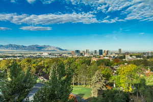 View of urban area with a mountain backdrop and a tree filled landscape