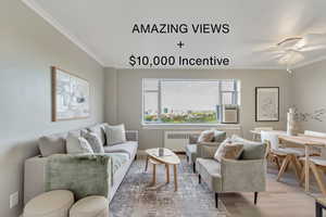 Living room featuring ornamental molding, radiator heating unit, a ceiling fan, wood finished floors, and cooling unit