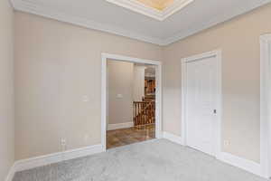 Flex room featuring ornamental molding, carpet, access to 3/4 bath, and a closet