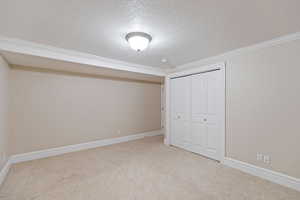 Unfurnished bedroom with a textured ceiling, light carpet, a closet, and ornamental molding