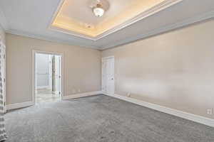 Primary bedroom featuring a tray ceiling and crown molding
