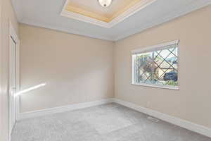 Primary bedroom featuring ornamental molding, a raised ceiling, and light colored carpet
