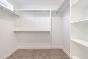 Walk in closet featuring light carpet