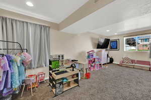 Rec room featuring recessed lighting and carpet