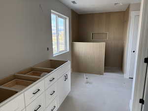 Bathroom with a walk in shower and wood walls