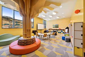 Community lobby with wallpapered walls