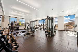 Exercise room featuring floor to ceiling windows