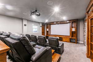 Carpeted cinema with a textured ceiling