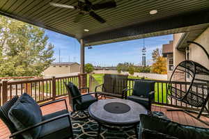 Wooden terrace featuring ceiling fan and a fenced backyard