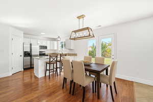 Dining space featuring light wood-type flooring and recessed lighting