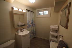 Bathroom with dark wood-type flooring, vanity, and a shower with curtain
