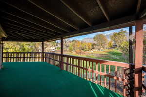 View of patio with a mountain view